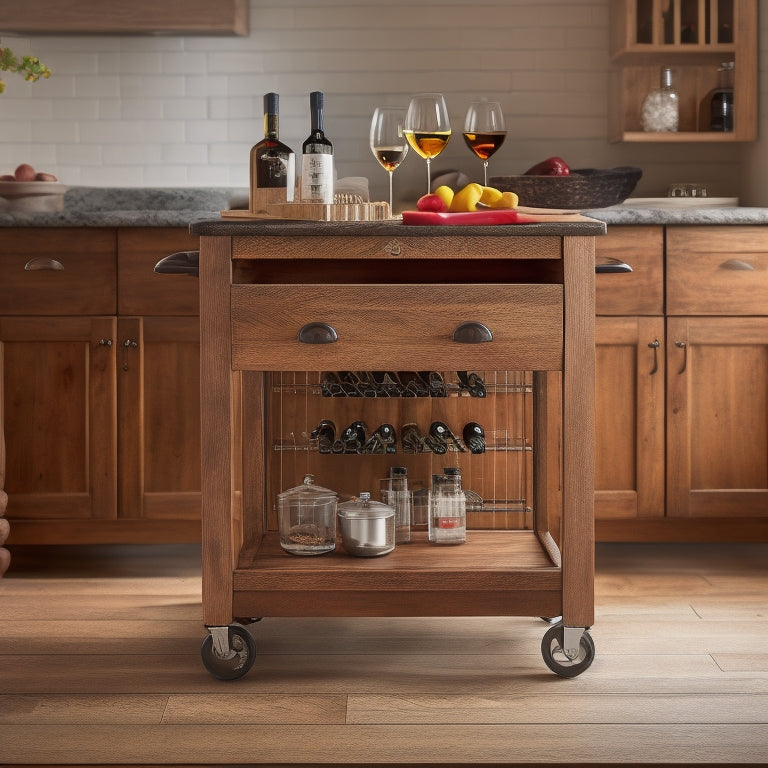 A rustic wooden kitchen cart with 3 drawers, a built-in wine rack holding 6 bottles, and a butcher-block top, placed in a cozy kitchen with a warm lighting and a blurred background.