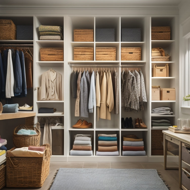 A serene, well-lit closet interior with a mix of open shelves, drawers, and rods, featuring neatly arranged clothing, shoes, and accessories, with a few decorative baskets and dividers.