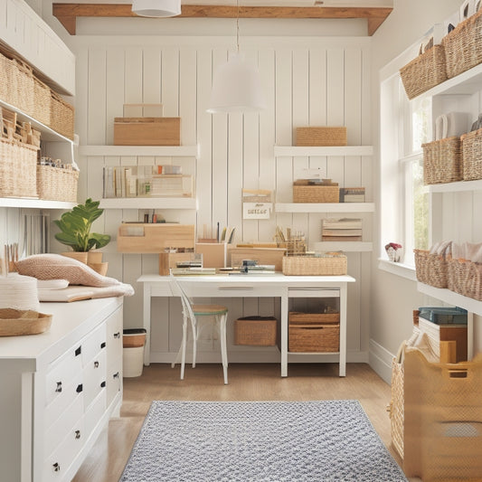 A serene, well-lit craft room with a sleek, white desk, surrounded by floor-to-ceiling shelves and storage units in a calming wood tone, holding neatly organized craft supplies in small baskets and jars.