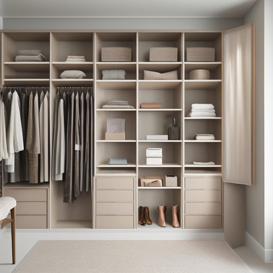 A minimalist, sleek, and modern closet interior with adjustable shelves, drawers, and rods in a neutral color palette, showcasing maximized storage capacity and a clutter-free space.