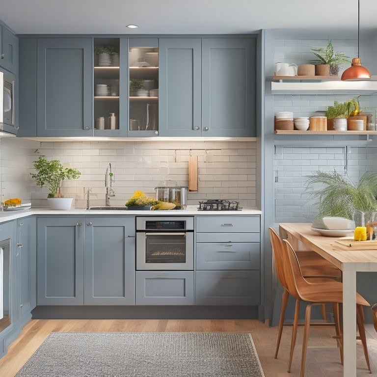 A clutter-free, sleek tiny kitchen with a combination of floor-to-ceiling cabinets, a compact island, and a wall-mounted pegboard, showcasing efficient storage solutions in a modern, light-filled space.