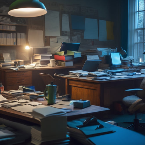 A dimly lit, messy office space with papers scattered across a cluttered desk, tangled cords, and a worn-out chair, surrounded by overflowing bookshelves and forgotten coffee cups.