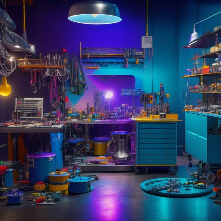 A vibrant, futuristic workshop filled with gleaming metal tools, colorful crafting supplies, and a sleek, silver DreamBox 2 machine at its center, surrounded by half-finished projects and twinkling LED lights.