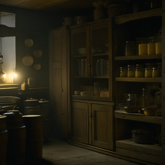 A dimly lit kitchen cabinet with worn wooden doors, slightly ajar, revealing a cluttered interior with old jars, dusty containers, and mysterious shadows, illuminated by a faint sliver of light.