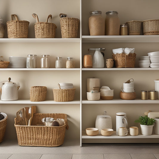 A tidy kitchen with a wall-mounted shelf system featuring three vertically stacked rows of shelves, each with three wicker baskets and two small ceramic containers, surrounded by a neutral-colored background.