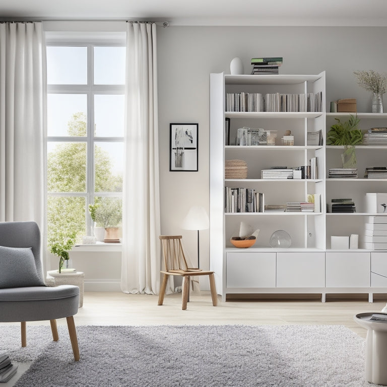 A bright, modern living room with sleek, white IKEA shelving units, filled with neatly organized books, decorative vases, and baskets, against a light gray wall with a large window.