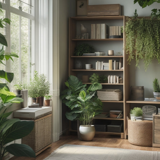 A serene living room with a tidy bookshelf, labeled storage bins, and a minimalist desk, surrounded by lush green plants, with a subtle natural light filtering through the window.