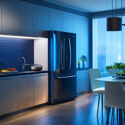 A sleek, modern kitchen with stainless steel appliances, glowing LED lights, and a large touchscreen display on the refrigerator, surrounded by clean lines, minimal decor, and a futuristic aesthetic.