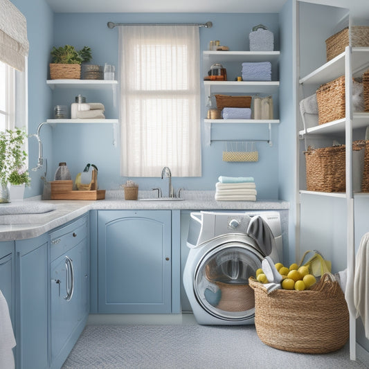 A bright and organized laundry room with a row of matching baskets on a shelving unit, a sink with a built-in detergent dispenser, and a folding station with a hanging ironing board.