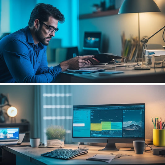 A split-screen image featuring a cluttered, dimly lit desk with scattered papers and a stressed person in the background, contrasted with a clean, bright desk with a laptop displaying a colorful, intuitive budgeting dashboard.