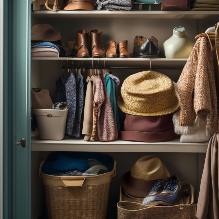 A cluttered, miniature closet interior with a few garments hung on a rod, shoes stacked on a shelf, and a few accessories like hats and scarves spilling out of a small storage bin.
