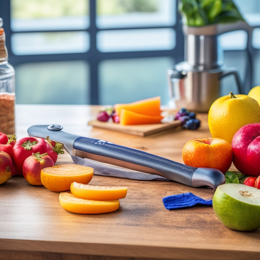 A stainless steel peeler sits atop a rustic wooden cutting board, surrounded by vibrant, peeled fruits and vegetables, with a blurred background of a kitchen countertop.