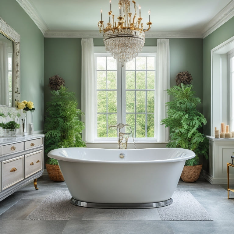 A serene, Spa-inspired bathroom with soft gray walls, white marble countertops, and a freestanding tub surrounded by lush greenery, illuminated by a stunning crystal chandelier.