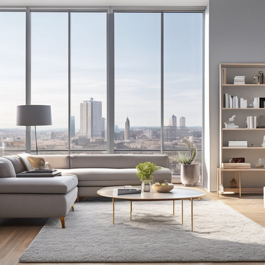 A serene, modern living room with sleek, custom-built shelves and a minimalist color palette, featuring a few, carefully-placed decorative pieces and a large window with a cityscape view of Providence in the background.