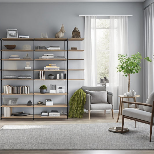 A serene, modern living room with a sleek, minimalist desk, a few carefully placed decorative objects, and a floor-to-ceiling shelving unit with neatly arranged books and storage bins.