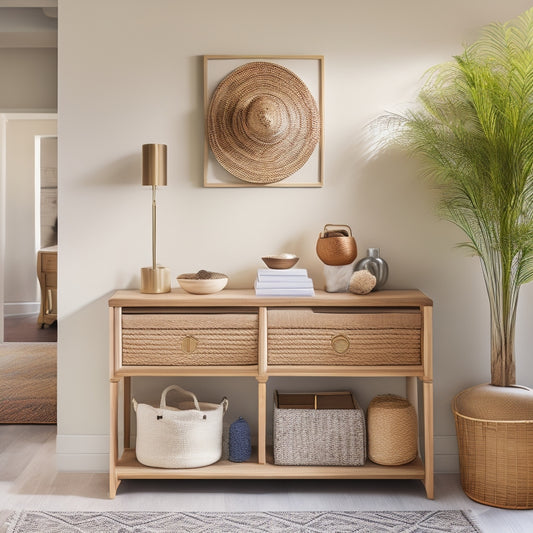 A bright, modern entryway with a sleek console table featuring a built-in shelf, a woven basket, and a few neatly arranged keys and mail slots, set against a calming beige background.