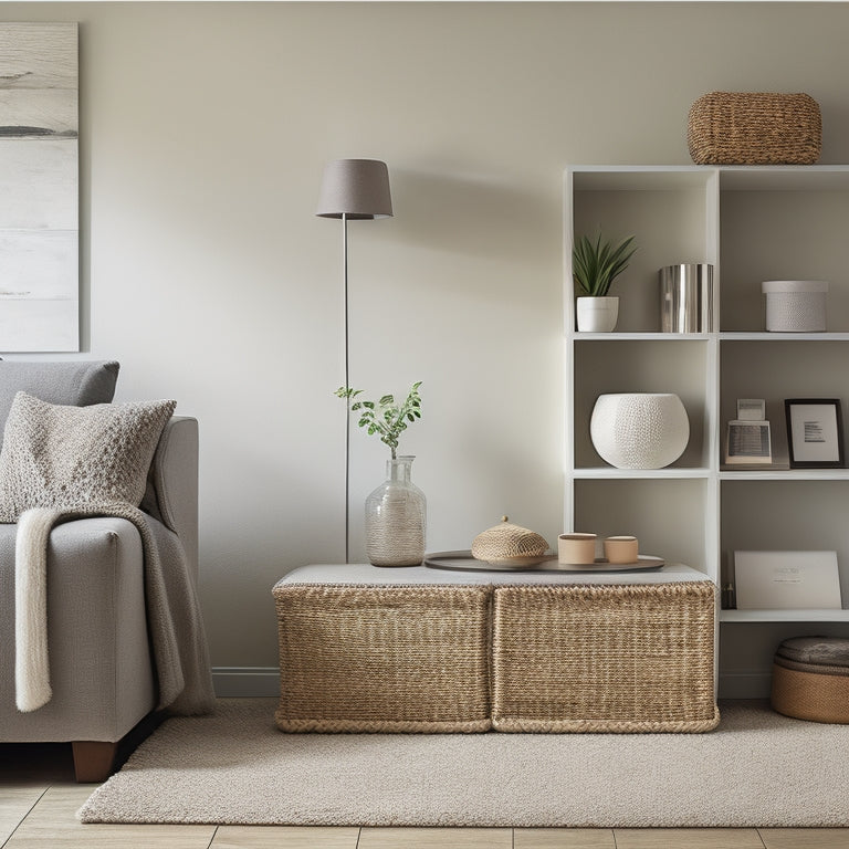 A tidy, minimalist living room with a sleek, wall-mounted shelf displaying a few, carefully arranged decorative items, and a compact, woven storage basket beneath a compact, cushioned ottoman.