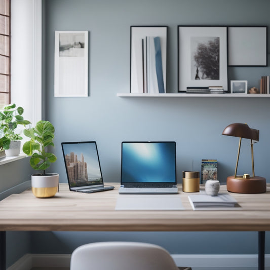 A serene, minimalist home office with a tidy desk, a sleek laptop, and a few carefully placed, colorful folders, surrounded by a blurred background of a clutter-free living room.