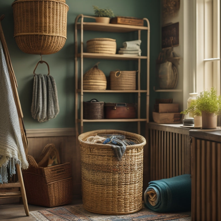 A clutter-free room with repurposed items: a woven basket made from old t-shirts, a wooden crate turned into a shelving unit, and a hanging organizer crafted from a vintage window.