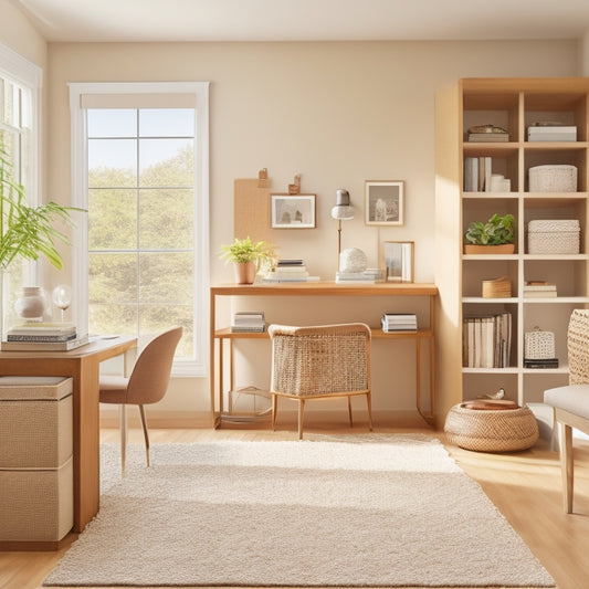 A clutter-free, modern room with a Murphy desk, a storage ottoman, and a floor-to-ceiling shelving unit with woven baskets, against a calming beige background with natural light pouring in.