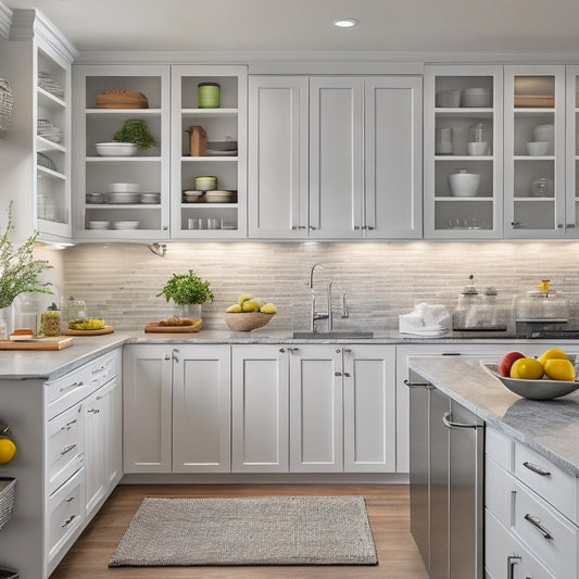 A bright, modern kitchen with white cabinets, gray countertops, and stainless steel appliances, featuring a mix of open shelves, baskets, and dividers, showcasing creative storage solutions for utensils, cookware, and spices.