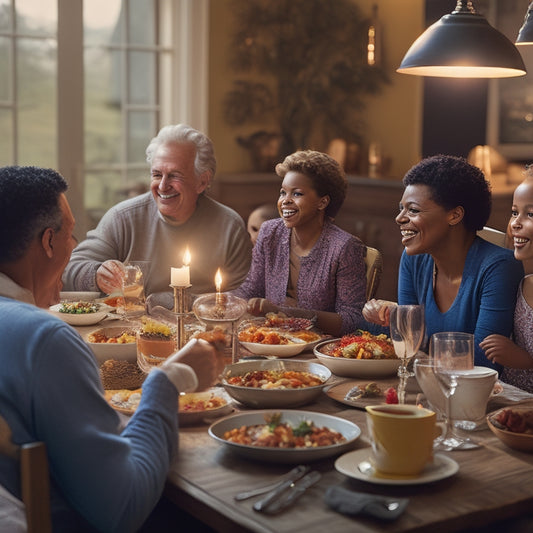A warm, well-lit dining room with a long, wooden table filled with diverse, steaming dishes, surrounded by smiling family members of different ages, all engaged in lively conversation.