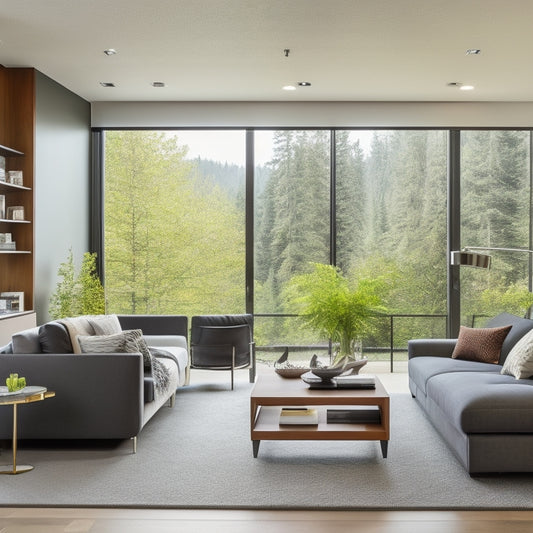 A serene, modern living room in Western Washington with floor-to-ceiling windows, showcasing a sleek, wall-mounted shelving system, a hidden Murphy bed, and a minimalist, space-saving coffee table with built-in storage.