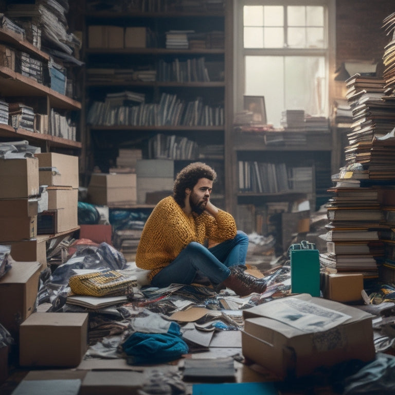 An overwhelmed person surrounded by clutter, with piles of books, clothes, and boxes stacked around them, with a small, faint outline of a peaceful, organized space in the background.