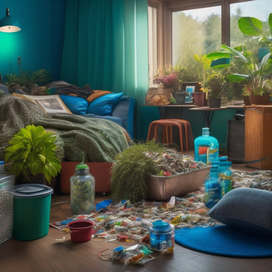 A cluttered living room with overflowing trash, tangled cords, and dusty decorations, surrounded by plastic waste, empty food containers, and forgotten items, with a faint image of a plant in the background, struggling to grow.
