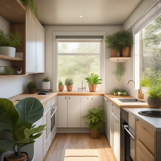 A serene, minimalist tiny house interior with a Murphy bed, compact kitchen, and organized storage spaces, featuring a few well-placed plants and a large window letting in natural light.