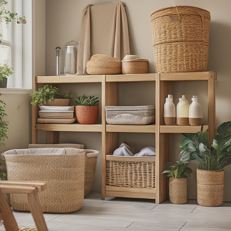 A tidy, well-organized storage area with multiple stackable baskets of varying sizes in a natural wood tone, surrounded by neatly folded linens and a few decorative plants.