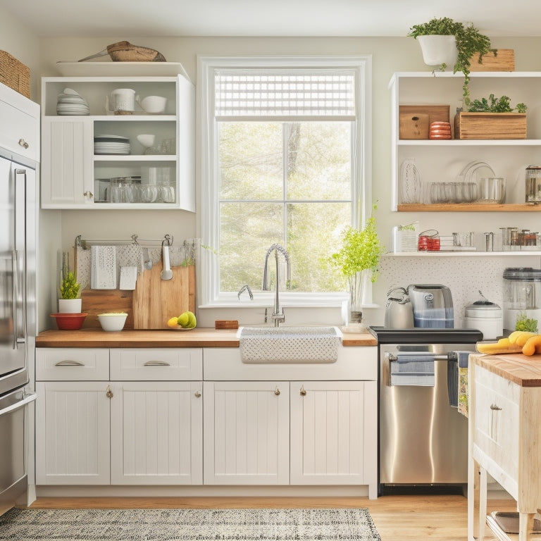 A bright and airy small kitchen with white cabinets, a stainless steel refrigerator, and a butcher-block countertop, showcasing a pegboard with hanging utensils and a utensil organizer on the counter.
