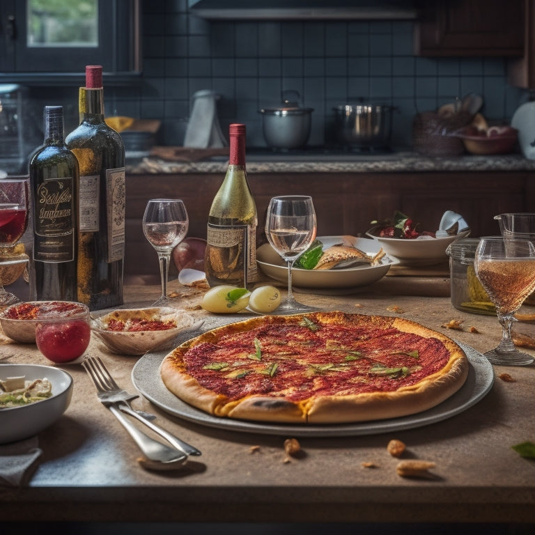 A cluttered kitchen countertop with empty wine glasses, scattered utensils, and a half-eaten pizza, surrounded by dirty dishes and appliances, with a dimly lit background and a sense of chaos.