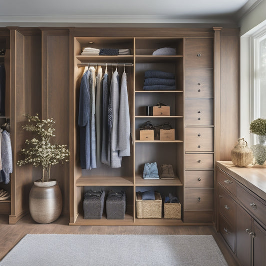 A serene, well-lit master closet with custom-built shelves, drawers, and rods in a warm wood tone, featuring a mix of folded and hung clothing, with shoes and accessories neatly organized.