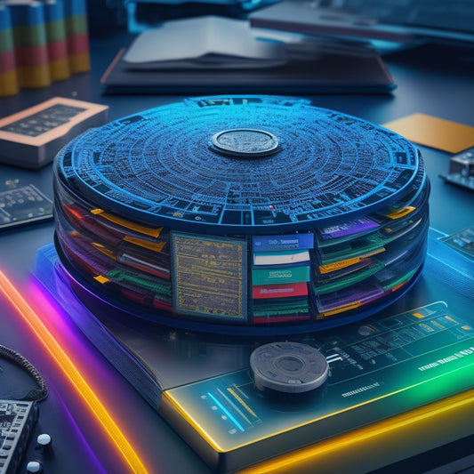 A shield protecting a stack of colorful folders, laptops, and tablets, surrounded by swirling circles of ones and zeros, amidst a subtle background of circuit boards and wires.