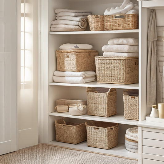 A tidy linen closet with stackable woven baskets, a three-tiered shelf, and a wall-mounted folding board, surrounded by a soft, calming beige background and warm, natural light.