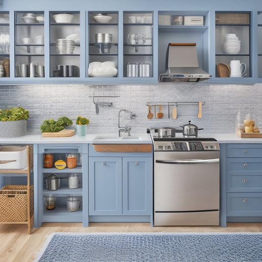 A modern kitchen with a centralized island, stainless steel appliances, and a pegboard with organized utensils, surrounded by a few strategically placed baskets and a utensil holder with a built-in timer.