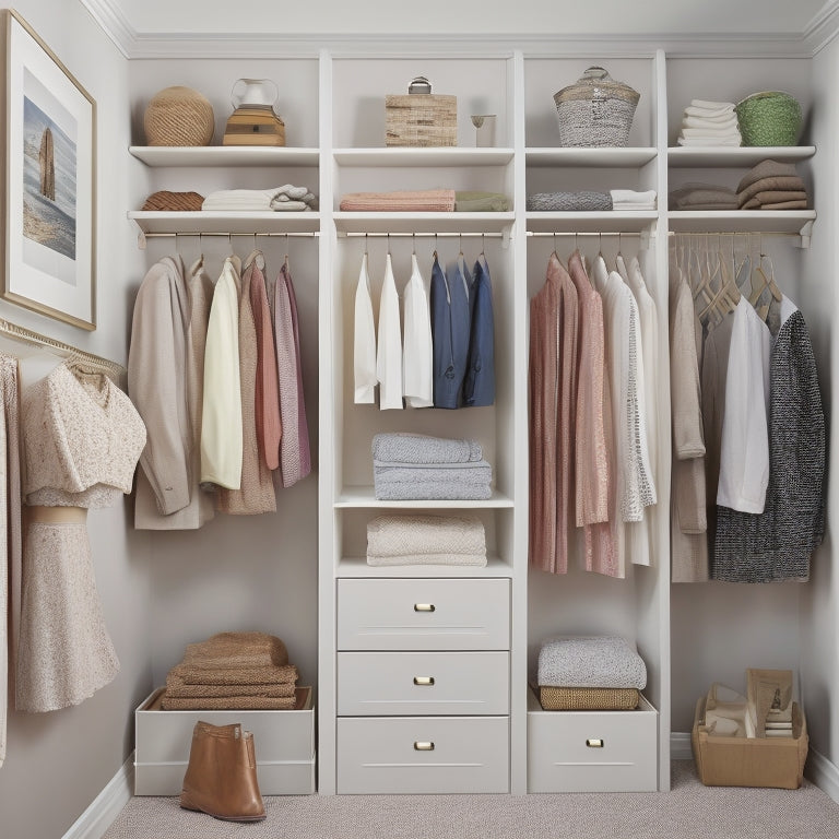 A tidy, minimalist closet with cream-colored shelves, wooden rods, and a few neatly hung garments, featuring a prominent, blank, and ornate picture frame on the back wall, surrounded by rolled-up prints and a few colorful pens.