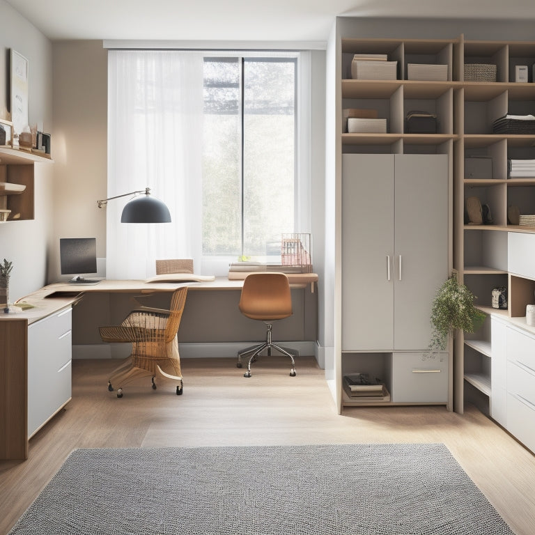 A clutter-free, minimalist room with a murphy bed, a compact desk, and a floor-to-ceiling shelving unit with baskets and bins, showcasing efficient use of vertical space.