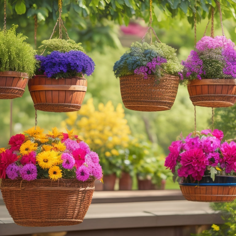 A colorful, overhead shot of 5-7 hanging baskets in various shapes, sizes, and materials (wicker, metal, wood) suspended from a rustic wooden pergola, surrounded by lush greenery and blooming flowers.