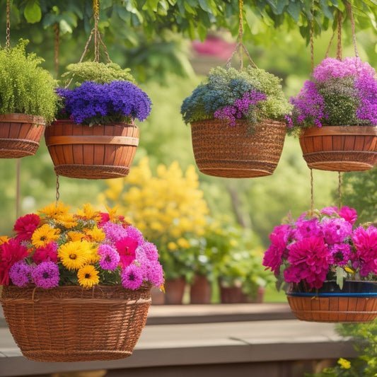 A colorful, overhead shot of 5-7 hanging baskets in various shapes, sizes, and materials (wicker, metal, wood) suspended from a rustic wooden pergola, surrounded by lush greenery and blooming flowers.