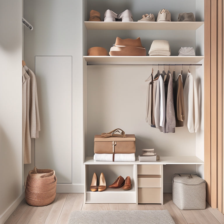 A serene, minimalist closet with soft, warm lighting, featuring a few, carefully curated outfits on a double rod, and a few pairs of shoes on a sleek, wooden shelf, surrounded by empty space.