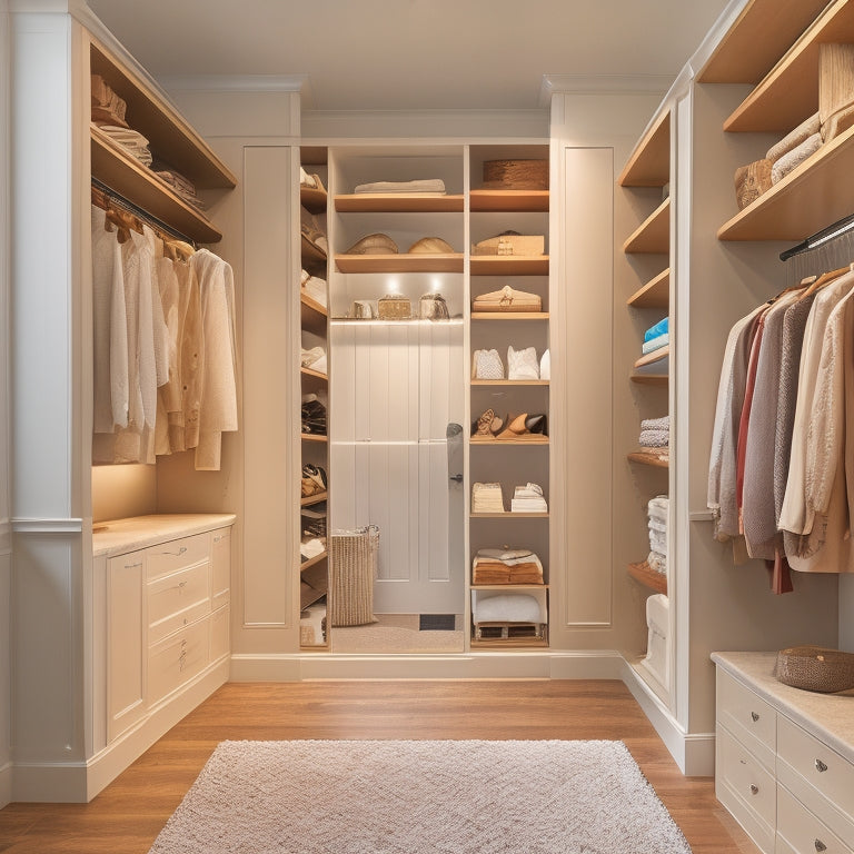 A serene, walk-in closet with cream-colored walls, rich wood flooring, and a custom organizer system featuring floor-to-ceiling shelves, drawers, and hanging rods, illuminated by soft, warm lighting.