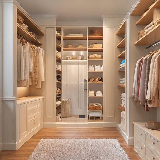 A serene, walk-in closet with cream-colored walls, rich wood flooring, and a custom organizer system featuring floor-to-ceiling shelves, drawers, and hanging rods, illuminated by soft, warm lighting.