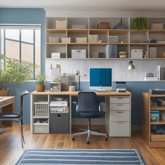 A tidy, modern home office with a laptop, tablet, and smartphone displaying inventory management apps, surrounded by organized storage bins, labeled folders, and a few carefully placed household items.
