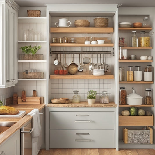 A tidy, compact kitchen with a pull-out spice rack attached to the inside of a cabinet door, a hanging utensil organizer above the sink, and a stackable shelf unit on the countertop.