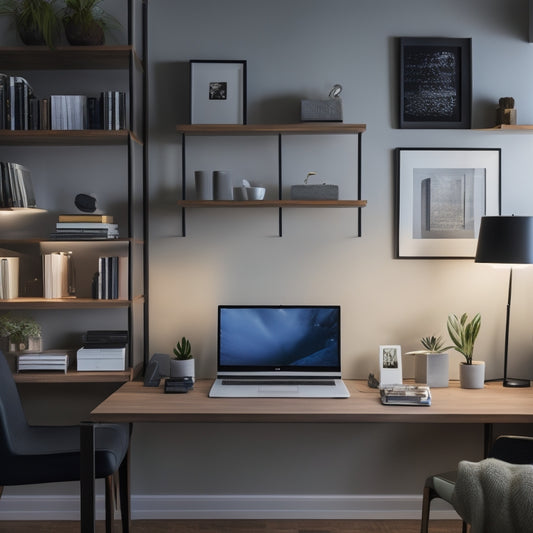An organized, modern home office with a minimalist desk, a sleek laptop, and a few, carefully placed devices, surrounded by empty shelves and a clutter-free background, with subtle, warm lighting.
