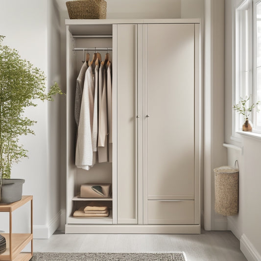 A serene, minimalist closet with creamy white walls, warm wooden floors, and a sleek, floor-to-ceiling IKEA storage system in a soft, matte gray finish, adorned with lush greenery.