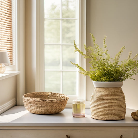 A serene, sunlit room with a few, carefully selected summer essentials: a woven basket, a vase with fresh flowers, and a minimalist bookshelf, surrounded by empty space and a calm atmosphere.