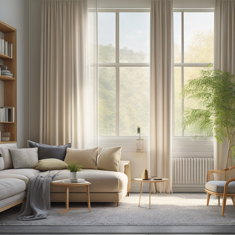 A serene, minimalist living room with a few, carefully selected decorative pieces, a tidy bookshelf, a plush area rug, and a large window with soft, flowing curtains, bathed in warm, natural light.